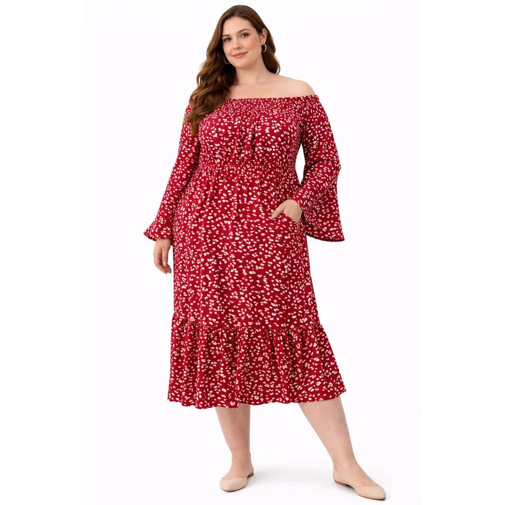 Aifer Womens Red Smocked Midi Dress Long Sleeve Tiered Skirt